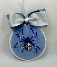 Load image into Gallery viewer, Vintage Blue & White Fleur de Lys Cufflink on Blue 4 Inch Hoop Spider