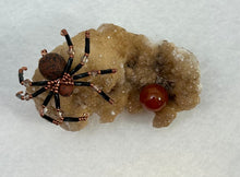 Load image into Gallery viewer, Calcite Display with Mahogany Obsidian Spiderling