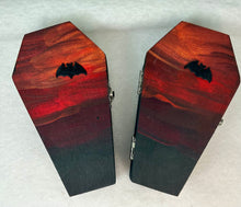 Load image into Gallery viewer, Wood Hand Painted Bat Themed Coffin with Spider Suncatcher