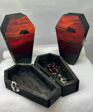 Load image into Gallery viewer, Wood Hand Painted Bat Themed Coffin with Spider Suncatcher