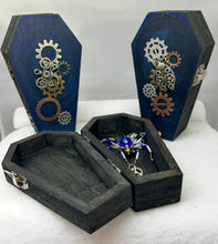 Load image into Gallery viewer, Wood Hand Painted Steam Punk Themed Coffin with Spider Suncatcher