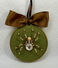 Load image into Gallery viewer, Vintage Gold and MOP with Gold Duck on Olive 4 Inch Hoop Spider