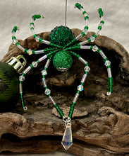 Load image into Gallery viewer, Beaded Green Sparkle Crystal Drop Christmas Spider