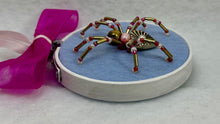 Load image into Gallery viewer, Vintage Cufflink Gold Metal Heart and Pearl on Light Blue 3 Inch Hoop Spider