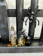 Load image into Gallery viewer, Large Hand Painted Wooden Fence with Stone Owl and 3 Spiders
