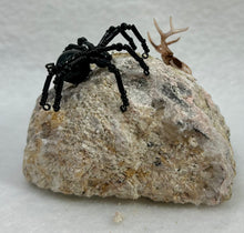 Load image into Gallery viewer, Quartz Geode Display with Rainbow Obsidian Spiderling