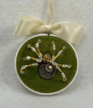 Load image into Gallery viewer, Vintage Cufflink Gold Shell with Pearl on Olive 3 Inch Hoop Spider