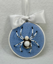 Load image into Gallery viewer, Vintage Gold and White Cufflink on Light Blue 4 Inch Hoop Spider