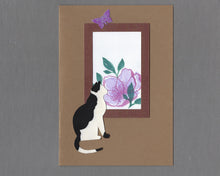 Load image into Gallery viewer, Handmade Custom Fabric Gizmo the Greeting Cat Blank Greeting Card