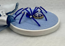 Load image into Gallery viewer, Vintage Blue &amp; White Fleur de Lys Cufflink on Blue 4 Inch Hoop Spider

