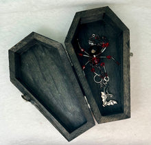 Load image into Gallery viewer, Wood Hand Painted Bat Themed Coffin with Spider Suncatcher

