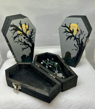 Load image into Gallery viewer, Wood Hand Painted Moon Themed Coffin with Spider Suncatcher
