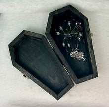 Load image into Gallery viewer, Wood Hand Painted Moon Themed Coffin with Spider Suncatcher
