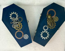 Load image into Gallery viewer, Wood Hand Painted Steam Punk Themed Coffin with Spider Suncatcher
