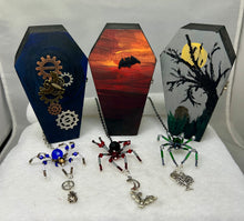 Load image into Gallery viewer, Wood Hand Painted Bat Themed Coffin with Spider Suncatcher
