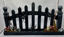 Load image into Gallery viewer, Large Hand Painted Wooden Fence with Stone Skull and 3 Spiders
