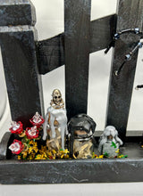 Load image into Gallery viewer, Large Hand Painted Wooden Fence with Stone Skull and 3 Spiders
