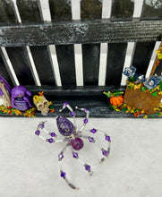 Load image into Gallery viewer, Medium Hand Painted Wooden Fence with Dyed Purple Crazy Lace Spider
