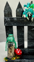 Load image into Gallery viewer, Mini Hand Painted Wooden Fence with Aqua Jumping Spider
