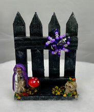 Load image into Gallery viewer, Mini Hand Painted Wooden Fence with Purple Jumping Spider
