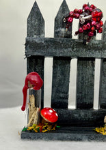 Load image into Gallery viewer, Mini Hand Painted Wooden Fence with Red Jumping Spider
