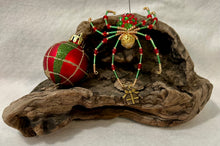Load image into Gallery viewer, Beaded Green &amp; Red Sparkle Present Drop Christmas Spider
