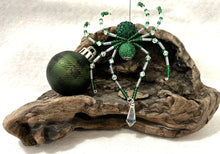 Load image into Gallery viewer, Beaded Green Sparkle Crystal Drop Christmas Spider
