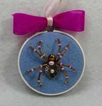 Load image into Gallery viewer, Vintage Cufflink Gold Metal Heart and Pearl on Light Blue 3 Inch Hoop Spider
