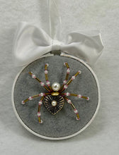 Load image into Gallery viewer, Vintage Cufflink Gold Metal Heart and Pearl on Light Grey 3 Inch Hoop Spider

