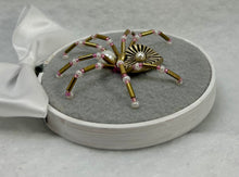 Load image into Gallery viewer, Vintage Cufflink Gold Metal Heart and Pearl on Light Grey 3 Inch Hoop Spider
