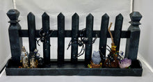 Load image into Gallery viewer, Large Hand Painted Wooden Fence with Stone Owl and 3 Spiders
