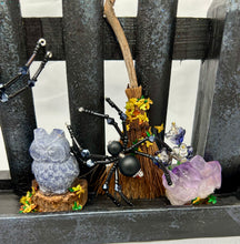 Load image into Gallery viewer, Large Hand Painted Wooden Fence with Stone Owl and 3 Spiders
