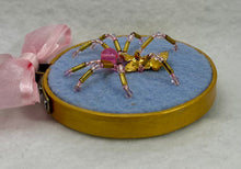 Load image into Gallery viewer, Vintage Cufflink Gold Orchid on Blue 3 Inch Hoop Spider
