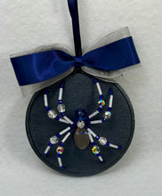 Load image into Gallery viewer, Vintage Silver Metal with Blue &amp; Clear Stones Cufflink on Grey 4 Inch Hoop Spider
