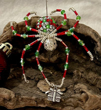 Load image into Gallery viewer, Beaded Silver, Green &amp; Red Sparkle Present Drop Christmas Spider
