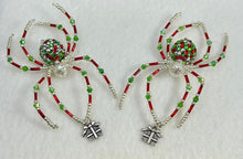 Load image into Gallery viewer, Beaded Silver, Green &amp; Red Sparkle Present Drop Christmas Spider
