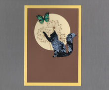 Load image into Gallery viewer, Handmade Custom Fabric Bob the Butterfly Catching Cat Blank Greeting Card
