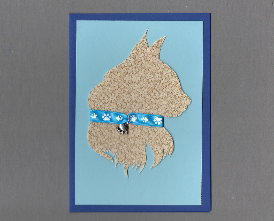 Handmade Custom Longhaired Silhouette Blue Cat Blank Greeting Card
