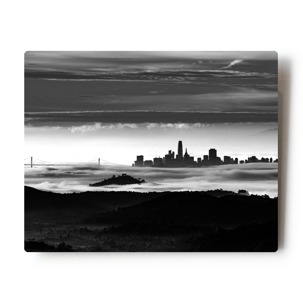 8 X 10 Photographic Metal Print Black and White San Francisco Skyline and Fog